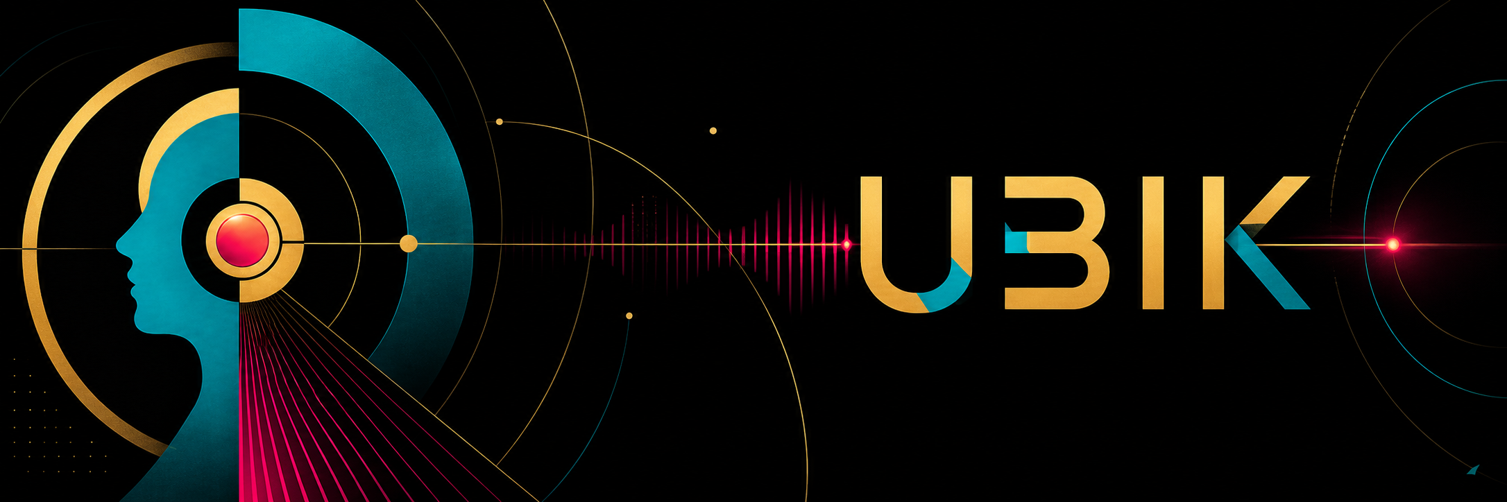 UBIK banner — retro-futuristic wordmark with orbital geometry